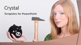  Presentation with piggy bank - Cool new presentation theme with rainy coins - young woman holding piggy bank backdrop and a  colored foreground