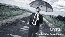  Presentation with rainy day - Presentation theme having rainy day and man with umbrella on road background and a dark gray colored foreground