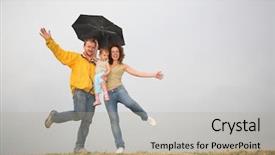  Presentation with rainy days season - PPT theme enhanced with rainy days season - family with the umbrella background and a mint green colored foreground