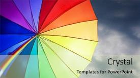  Presentation with rainy days season - Presentation theme consisting of rainy days season - rainbow umbrella on stormy sky background and a soft green colored foreground