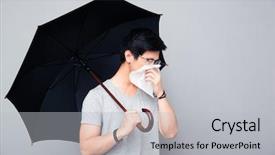  Presentation with rainy days season - Presentation theme with rainy days season - sick asian man holding umbrella background and a light gray colored foreground