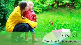  Presentation with rainy days season - Colorful presentation theme enhanced with rainy days season - young mother and her little backdrop and a seafoam green colored foreground