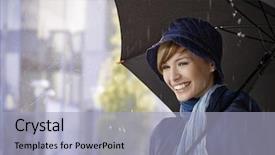  Presentation with umbrella - Colorful PPT theme enhanced with rainy season - happy young woman holding umbrella backdrop and a light blue colored foreground