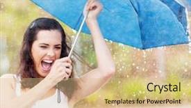  Presentation with umbrella - Beautiful presentation theme featuring rainy season - playful young woman holding umbrella backdrop and a coral colored foreground