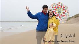  Presentation with portrait happy family smiling - Audience pleasing slide set consisting of rainydays - happy family on beach backdrop and a coral colored foreground