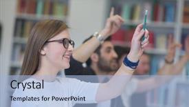  Presentation with students - Colorful presentation design enhanced with raise hands up in school backdrop and a light blue colored foreground