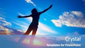  Presentation with meadow - Theme featuring raise up - young woman standing on meadow background and a teal colored foreground