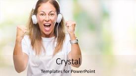  Presentation with listening woman - Slide deck having raised and open eyes winner background and a  colored foreground