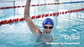  Presentation with woman hands raised to sky - Amazing PPT layouts having raised arm at the pool backdrop and a  colored foreground