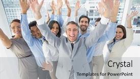  Presentation with office workers - Beautiful slide set featuring cheering workers with raised arms in the office backdrop and a light gray colored foreground