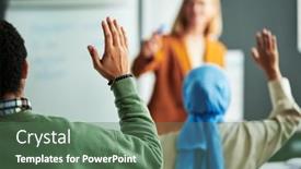  Presentation with student - Theme consisting of raised-hand-of-student-working background and a ocean colored foreground