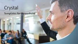  Presentation with speaker - PPT layouts featuring raised hand on business meeting background and a light blue colored foreground