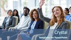  Presentation with raising the bar - Slide deck enhanced with raised hands - businesswoman raising hand during meeting background and a ocean colored foreground