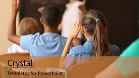  Presentation with kids - Colorful slides enhanced with raised hands - kids in classroom backdrop and a gold colored foreground