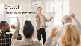  Presentation with coach - Amazing PPT layouts having raised hands after explaining data backdrop and a lemonade colored foreground