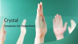  Presentation with class - Cool new slide deck with raised hands on blackboard background backdrop and a  colored foreground