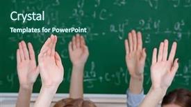  Presentation with students hands raised - Colorful PPT layouts enhanced with raised hands on blackboard background backdrop and a ocean colored foreground