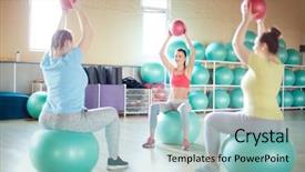  Presentation with three - PPT layouts enhanced with raised hands sitting on fitball background and a light blue colored foreground