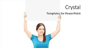  Presentation with poster on white wall above - Slide deck enhanced with raised panels - beautiful young female holding background and a  colored foreground