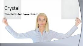  Presentation with an empty two way - Beautiful slide deck featuring raised panels - isolated business woman showing two backdrop and a  colored foreground
