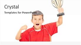  Presentation with trophy award hand holding - Beautiful presentation theme featuring raised panels - overjoyed kid holding a trophy backdrop and a white colored foreground