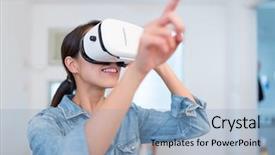  Presentation with virtual reality meeting - Colorful presentation design enhanced with raised panels - woman looking though the virtual backdrop and a  colored foreground