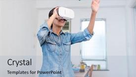  Presentation with home - Slide set having raised panels - woman looking vr device background and a  colored foreground