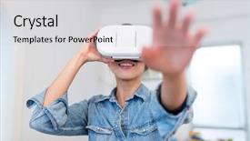  Presentation with virtual reality rehab - Cool new slide deck with raised panels - woman watching with virtual reality backdrop and a  colored foreground