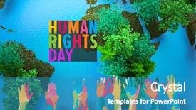  Presentation with human rights - Presentation design featuring raising arms against human rights background and a teal colored foreground
