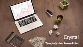  Presentation with desk - Colorful theme enhanced with raising charts - computer wooden desk with laptop backdrop and a violet colored foreground