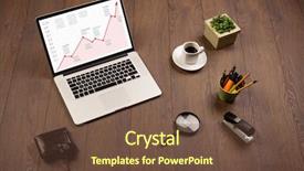  Presentation with cyber stalking computer laptop suffering - Slide deck consisting of raising charts - computer wooden desk with laptop background and a tawny brown colored foreground