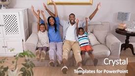  Presentation with portrait happy family smiling - Presentation theme having raising children - portrait of happy family cheering background and a coral colored foreground