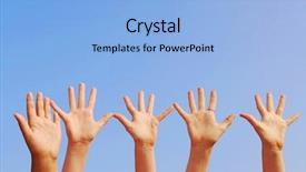  Presentation with children hands - Audience pleasing slides consisting of raising children - raised hands on blue sky backdrop and a  colored foreground