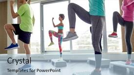  Presentation with aerobics - Slide set consisting of raising legs on step platform background and a light blue colored foreground