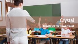  Presentation with school elementary - Cool new presentation design with raising their hands in class backdrop and a  colored foreground