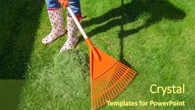  Presentation with cut - Slide deck consisting of rake - woman raking freshly cut grass background and a tawny brown colored foreground