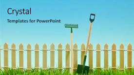  Presentation with gardening tools on fertile soil - Cool new PPT theme with rake and spade as gardening backdrop and a light blue colored foreground