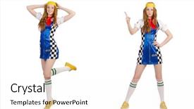  Presentation with dress for success - PPT theme featuring rally automovil sports - beautiful woman in checkered dress background and a  colored foreground