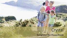  Presentation with holding hands family walking - Beautiful presentation theme featuring rambling - family walking on cliffside path backdrop and a yellow colored foreground