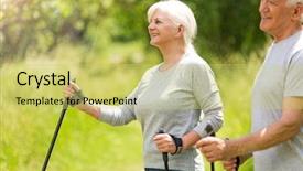  Presentation with walking nordic - Audience pleasing slide deck consisting of rambling - senior couple nordic walking backdrop and a yellow colored foreground