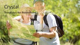  Presentation with active seniors senior couple - Slide set consisting of rambling - senior couple reading map background and a yellow colored foreground