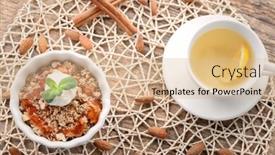 Presentation with crisp - Theme featuring ramekin with apple crisp and ice cream on table top view background and a coral colored foreground