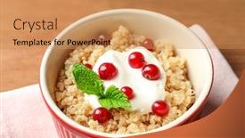  Presentation with quinoa - Theme consisting of ramekin with tasty quinoa on table closeup background and a coral colored foreground
