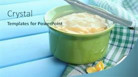  Presentation with pudding - Slides having ramekin with tasty vanilla pudding on wooden table background and a cool aqua colored foreground