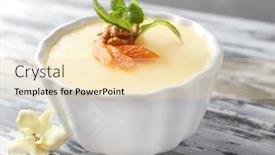  Presentation with pudding - Slides enhanced with ramekin with tasty vanilla pudding on table background and a lemonade colored foreground