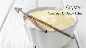  Presentation with pudding - Slides with ramekin with tasty vanilla pudding on table background and a white colored foreground