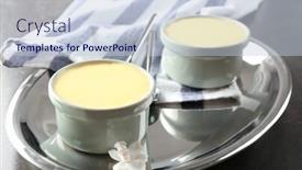  Presentation with pudding - Slides having ramekins with tasty vanilla pudding on metal tray background and a lemonade colored foreground