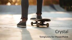  Presentation with ramp - Presentation design featuring ramp up - close up of skateboarders feet background and a soft green colored foreground