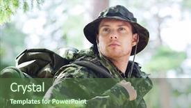  Presentation with war - Theme having ranger with backpack in forest background and a tawny brown colored foreground