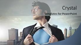  Presentation with superhero - Slide set featuring ransom - superhero protecting the city background and a light gray colored foreground